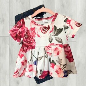 PatPat Floral 2-Piece Top and Jeans for Girls - Pink Rose Print - 6-9M